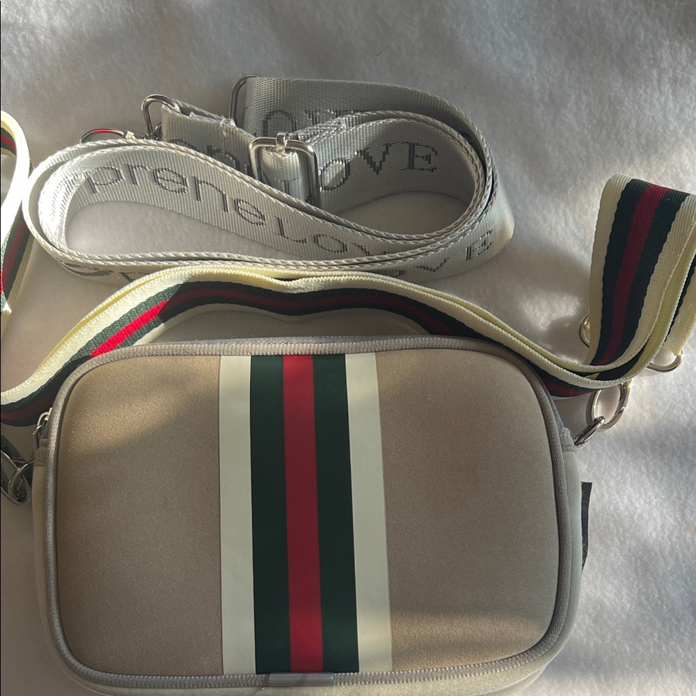 Beige Prenelove neoprene Crossbody Bag with Striped Strap